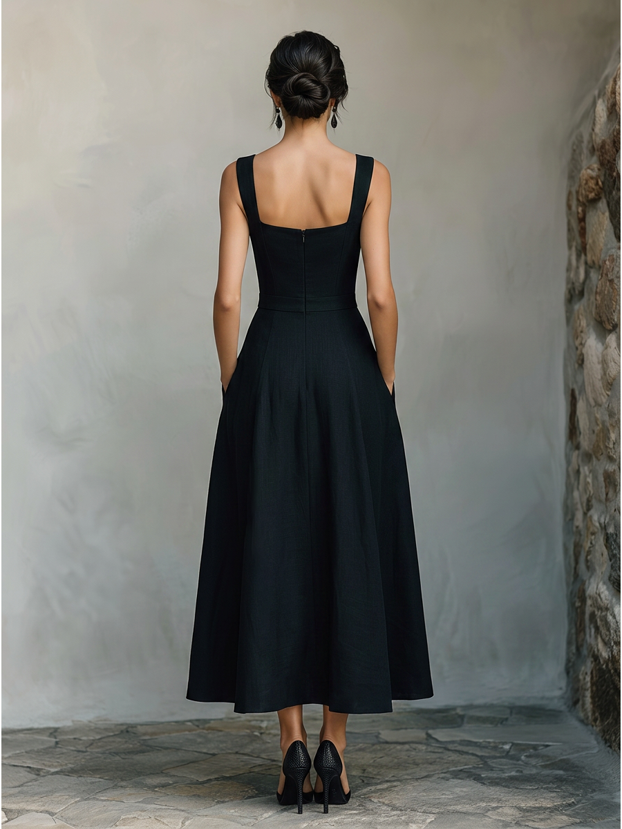 Women's Black Maxi Dress With Wide Square Neck Thick Straps & Side Patch Pockets, Minimalist Elegant Formal Swing Dress MDZ2269F2LYL