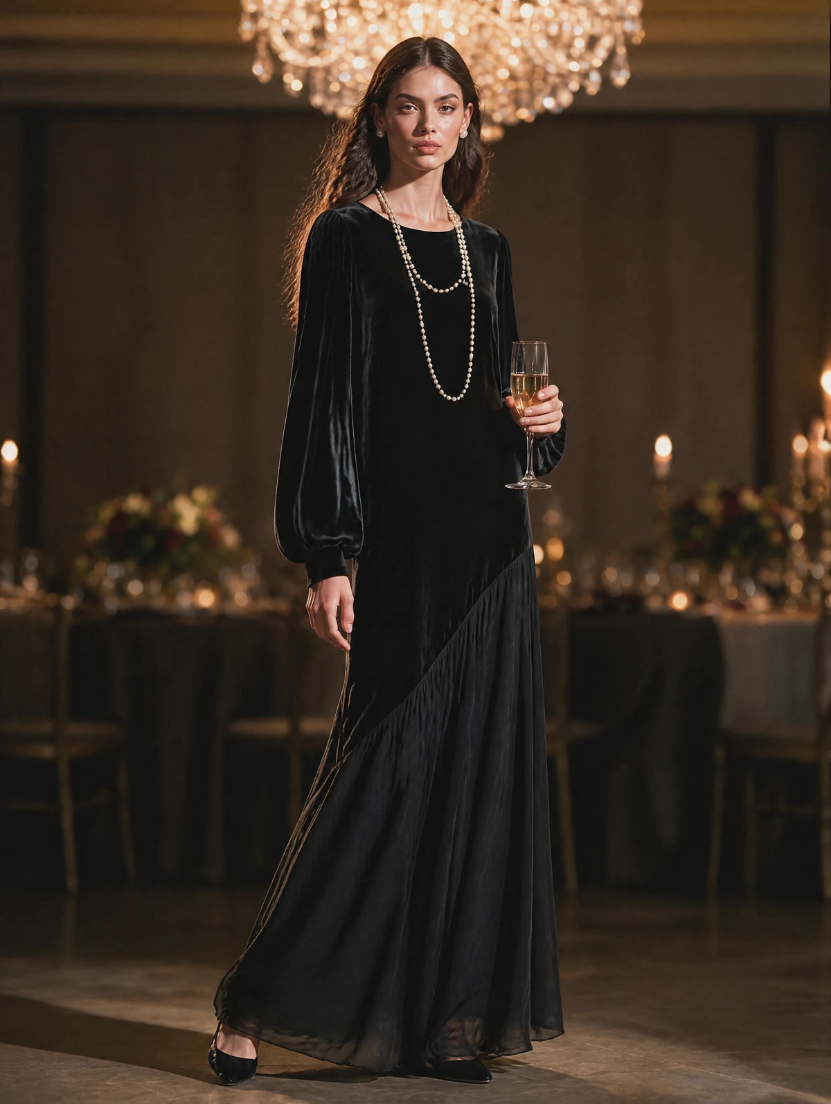 Women's Black Round-Neck Blouson-Sleeve Velvet-and-Chiffon Asymmetric Full-Skirt Maxi Dress