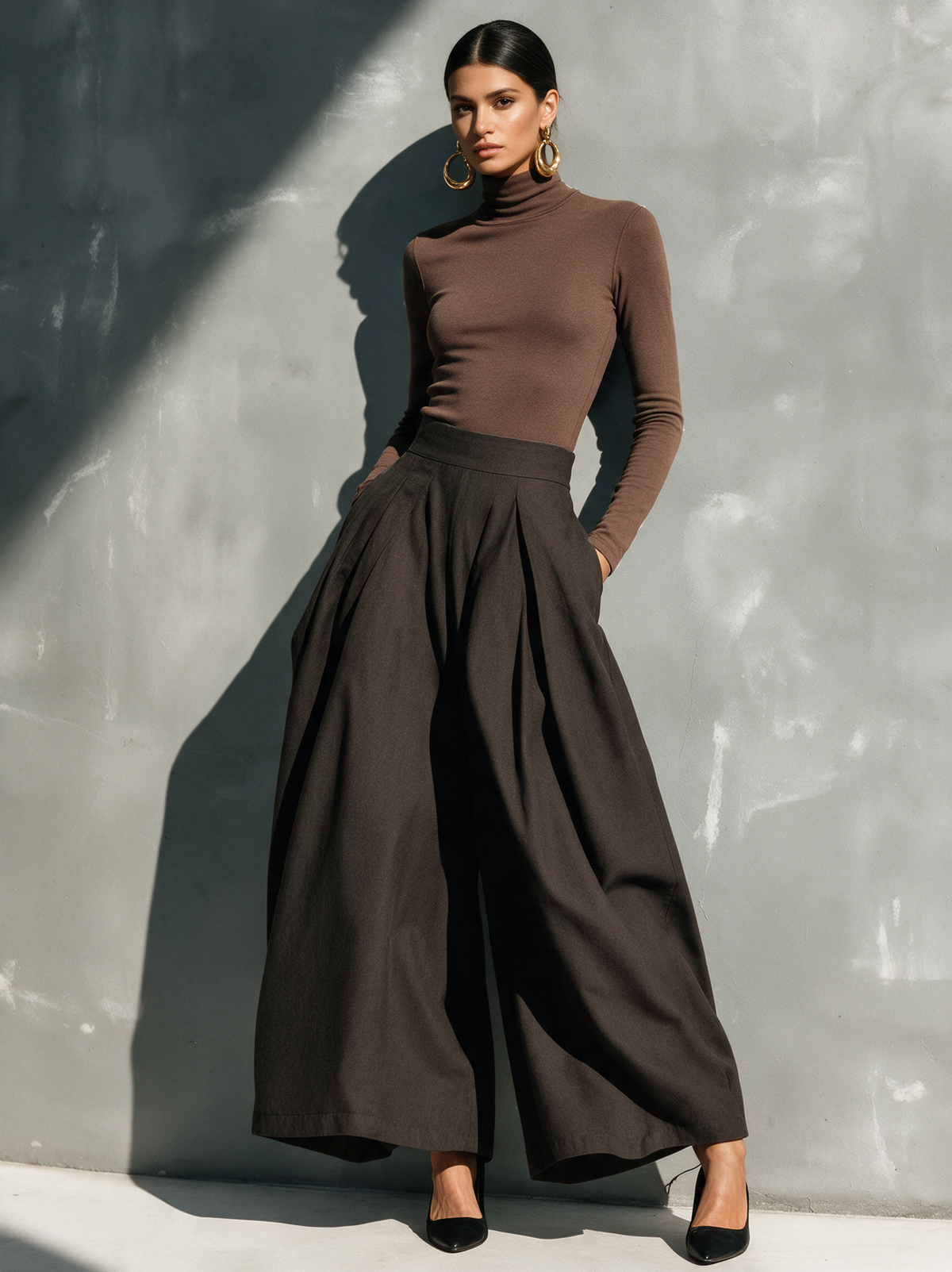 Women's Casual 2-Piece Set Black Stretch-knit Long-sleeve Top And Dark Gray Woven Wide-leg Trousers MDZ2470G8LXY