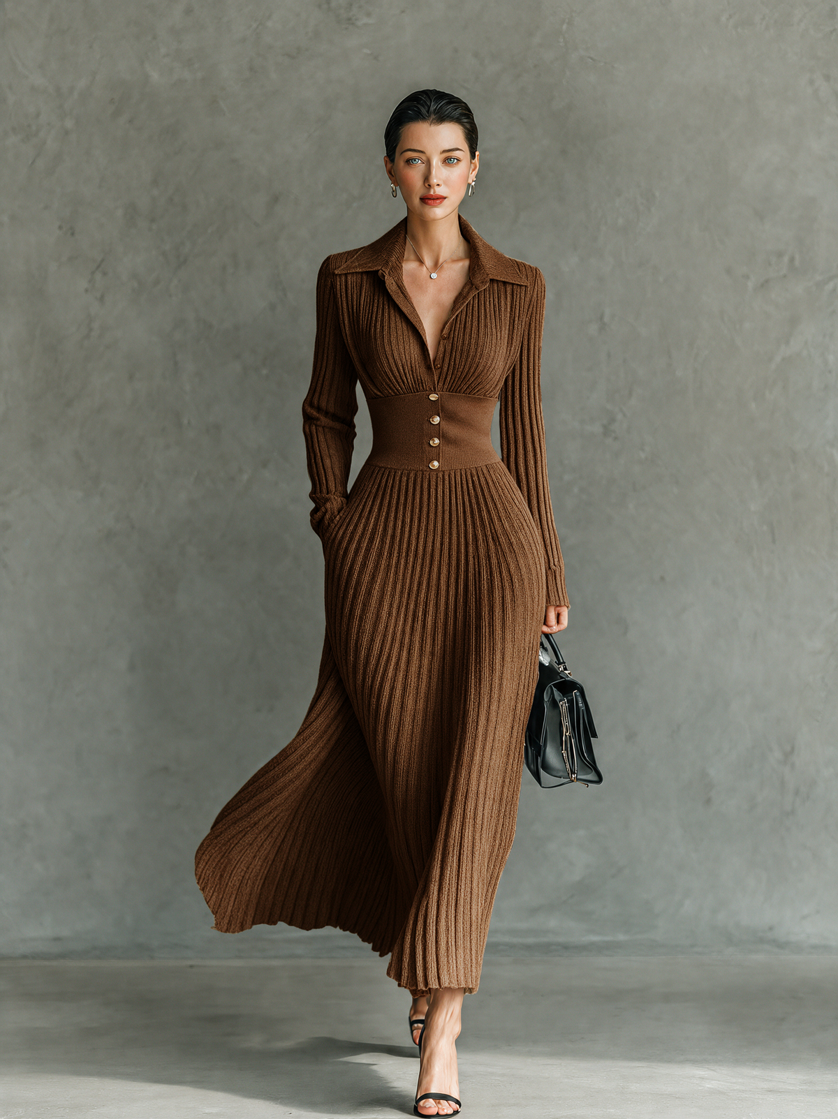 Women's Elegant Button-Front Collared Pleated Knit Dress MDZ0607H5WY