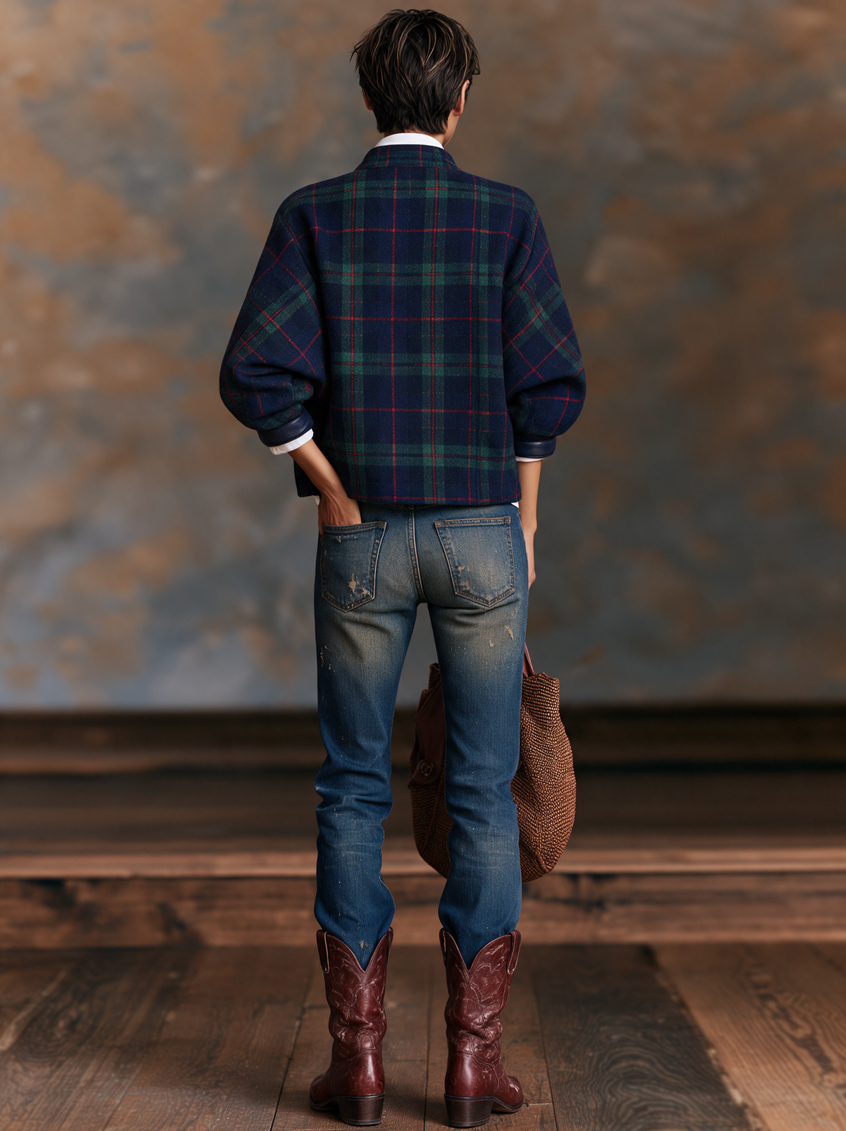 Women's Vintage-Style Plaid Wool-Blend Cropped Jacket With Leather Panels