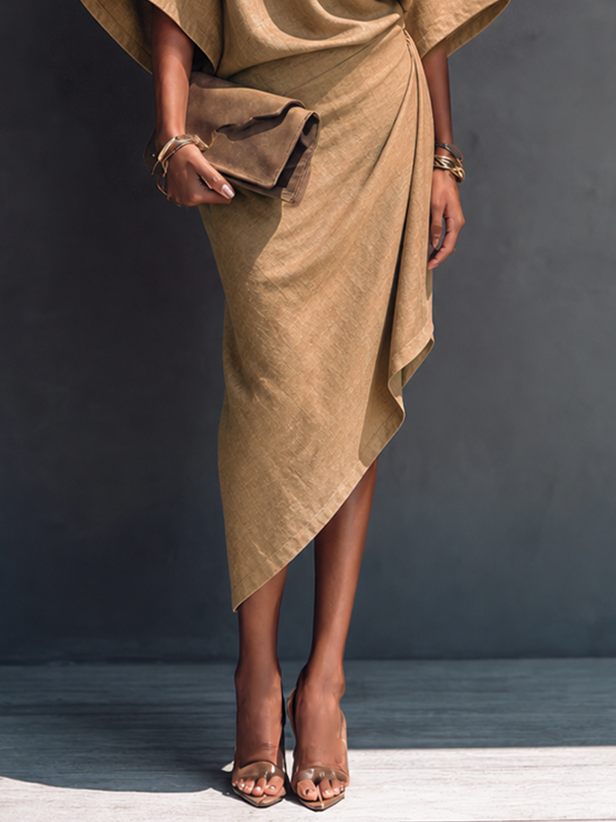 Women's Modern Minimalist Khaki Linen Blend Draped Asymmetric Short Sleeve Midi Dress MDZ0344G8GMJ