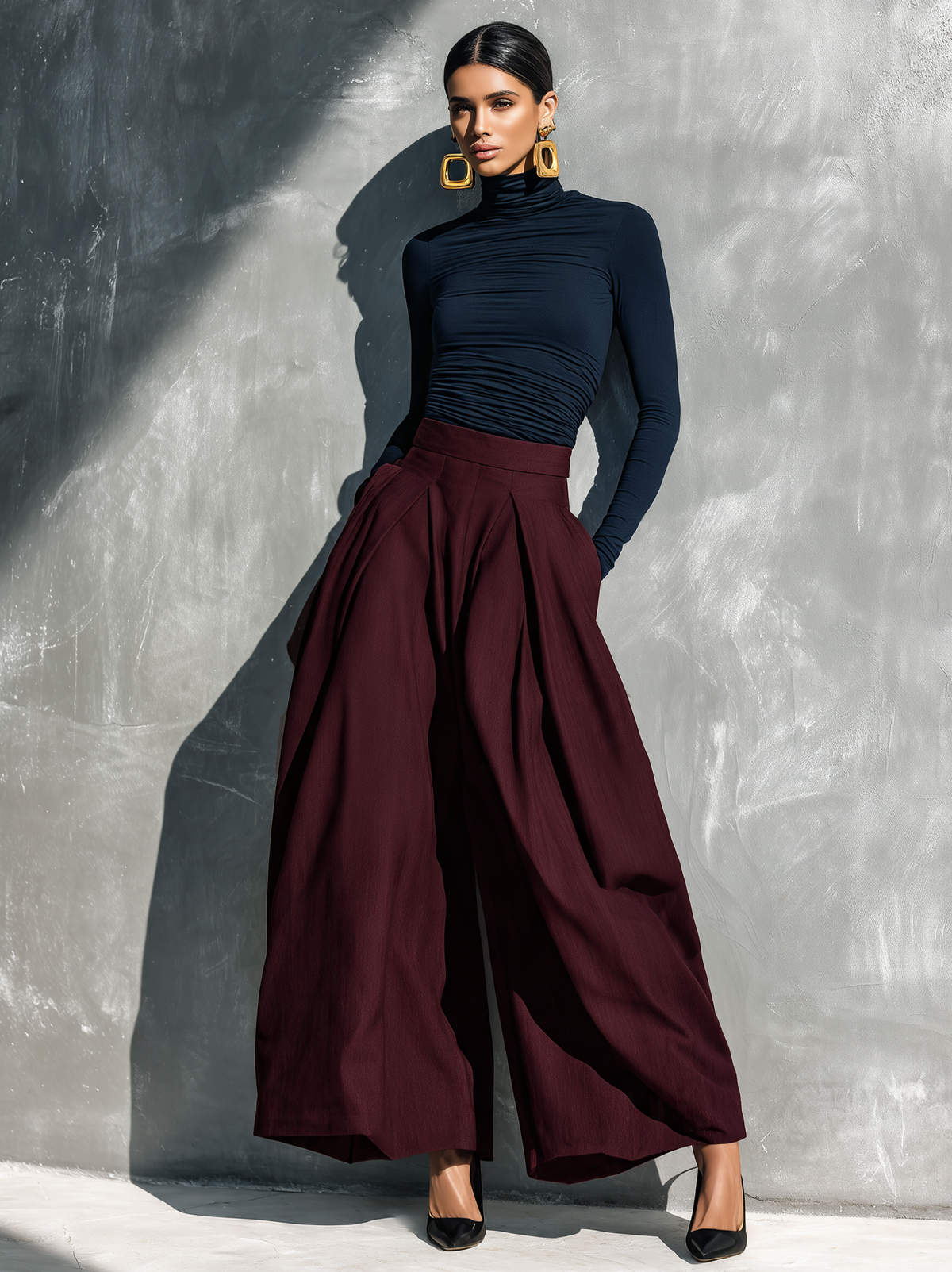 Women's Casual 2-Piece Set Black Stretch-knit Long-sleeve Top And Dark Gray Woven Wide-leg Trousers MDZ2470G8LXY