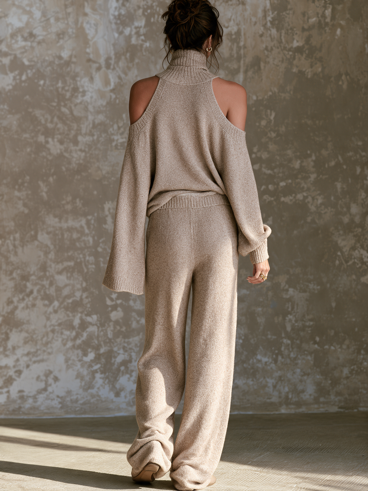 Women's Off-Shoulder Turtleneck Knit Top And Straight-Leg Pants Set