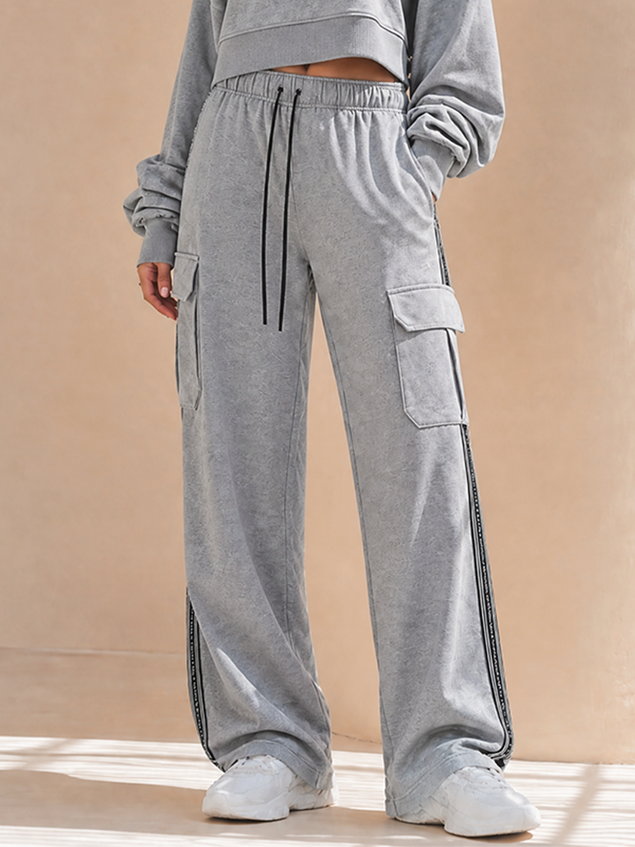 Women's Casual Off-Shoulder Cami Dropped-Shoulder Long-Sleeve Cropped Sweatshirt & Drawstring Cargo Wide-Leg Trouser Set MDZ2080H0CMX