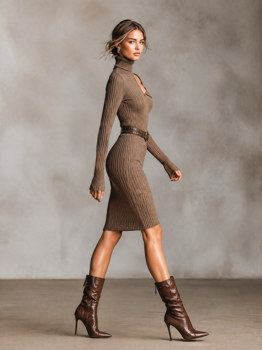 Women's Cutout Shoulder Turtleneck Ribbed Knit Bodycon Sweater Dress (Without Belt)