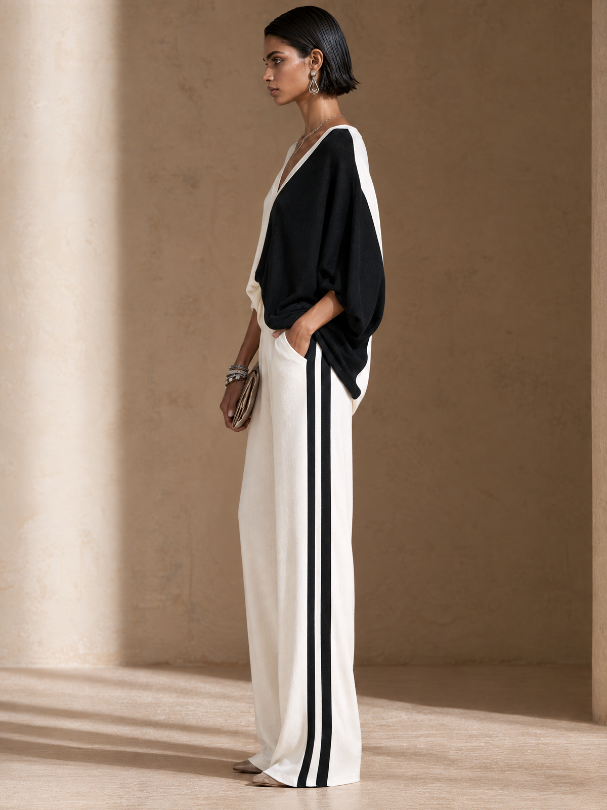 Women's Color-Blocked Casual Sweater And Wide-Leg Pants Set