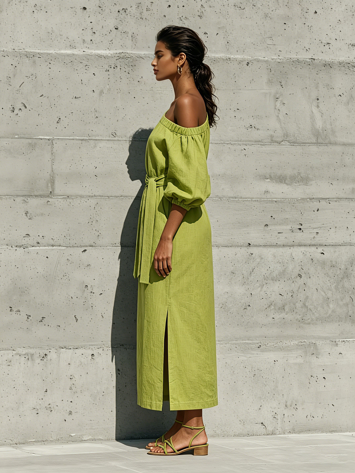 Women’s Lime Green Linen-Blend Off-The-Shoulder Puff Sleeve Tie Waist Midi Dress With Side Slit MDZ1150F0T