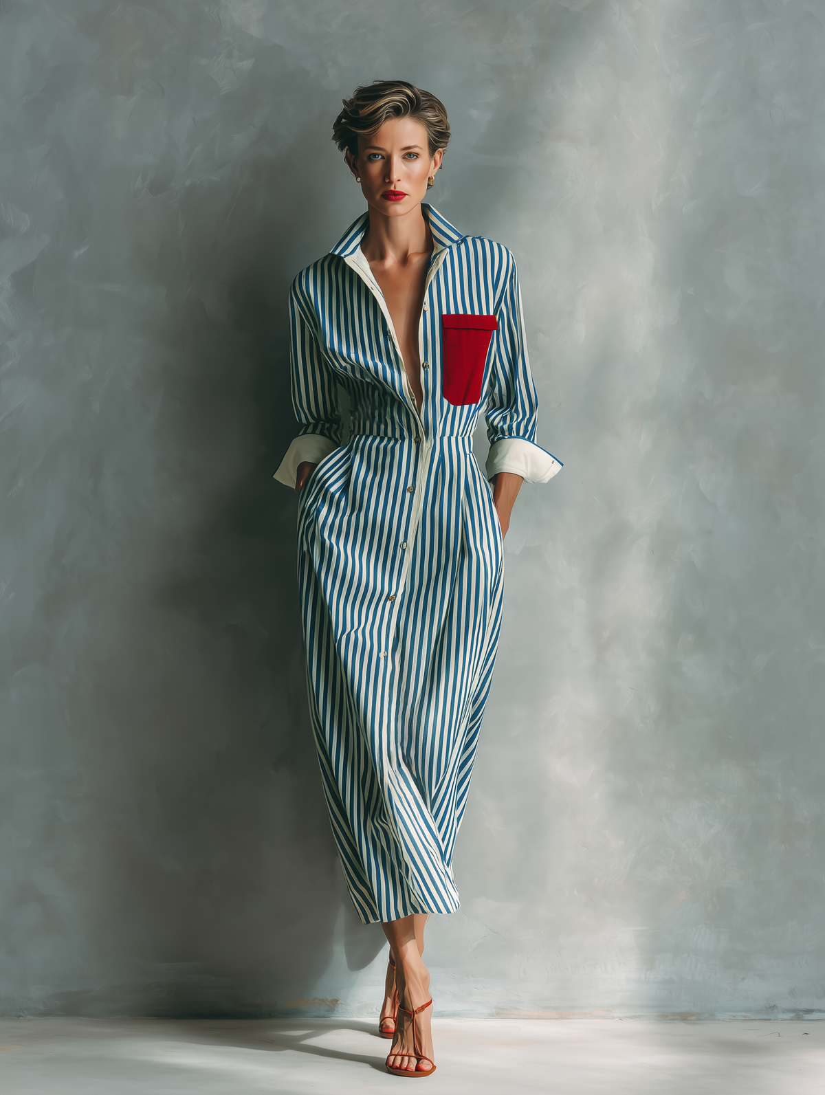 Women's Blue And White Cotton Striped Shirt Dress With Red Chest Pocket MDZ1286C2T