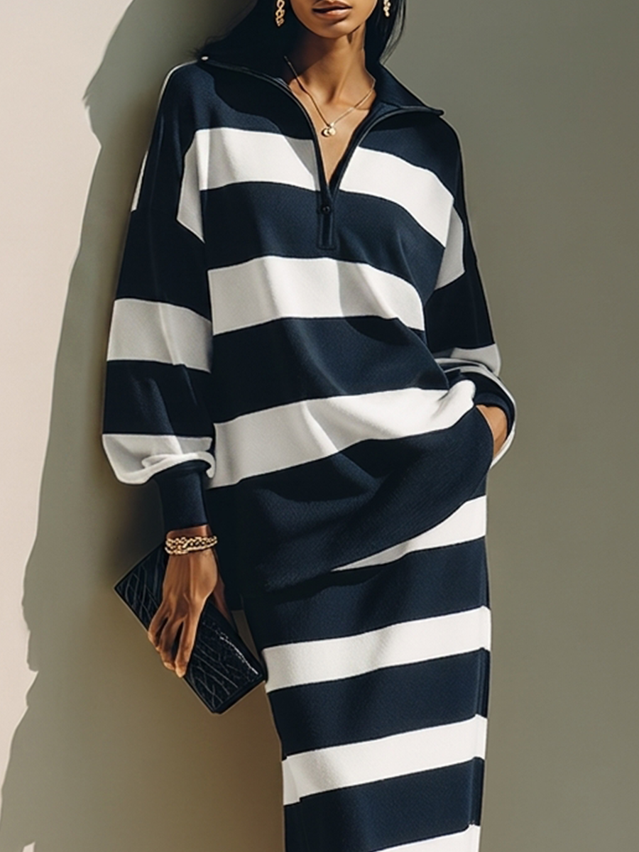 Women's Color-Block Striped Cotton-Blend Half-Zip Top & Midi Skirt Two-Piece Set MDZ2903G5ZRK