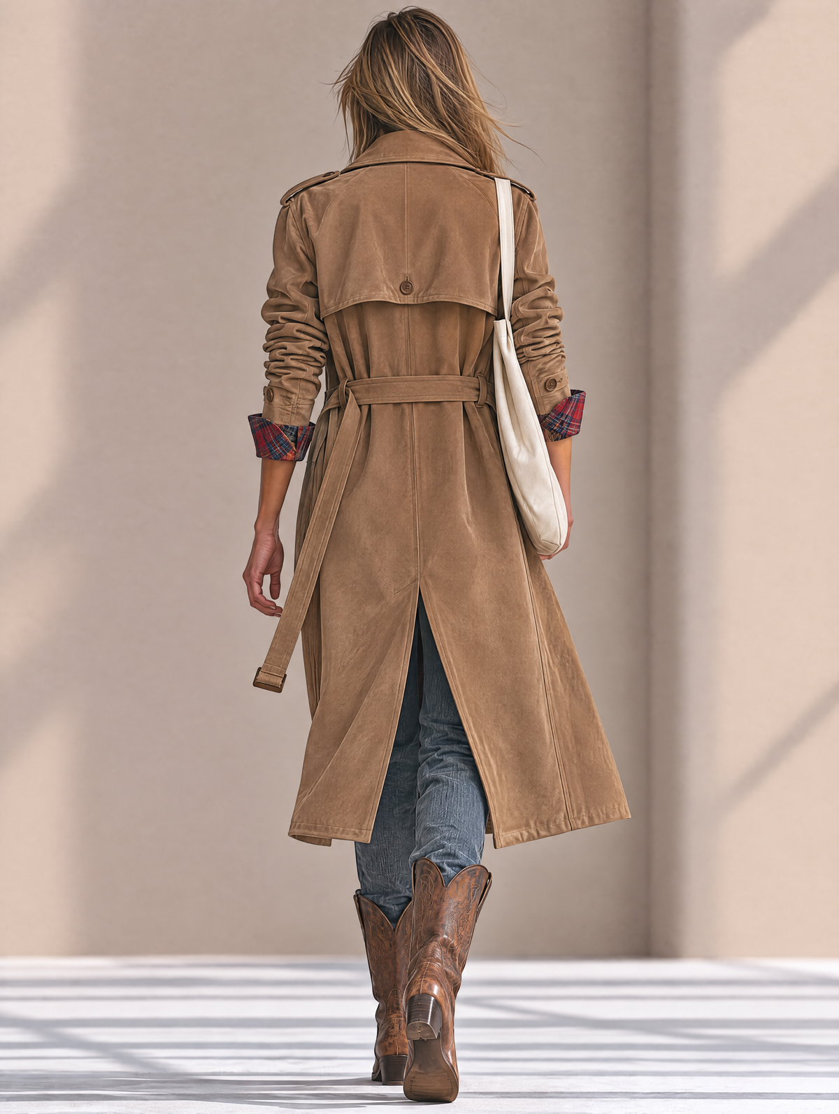 Women's Vintage-Style Suede Double-Breasted Coat With Plaid Lining