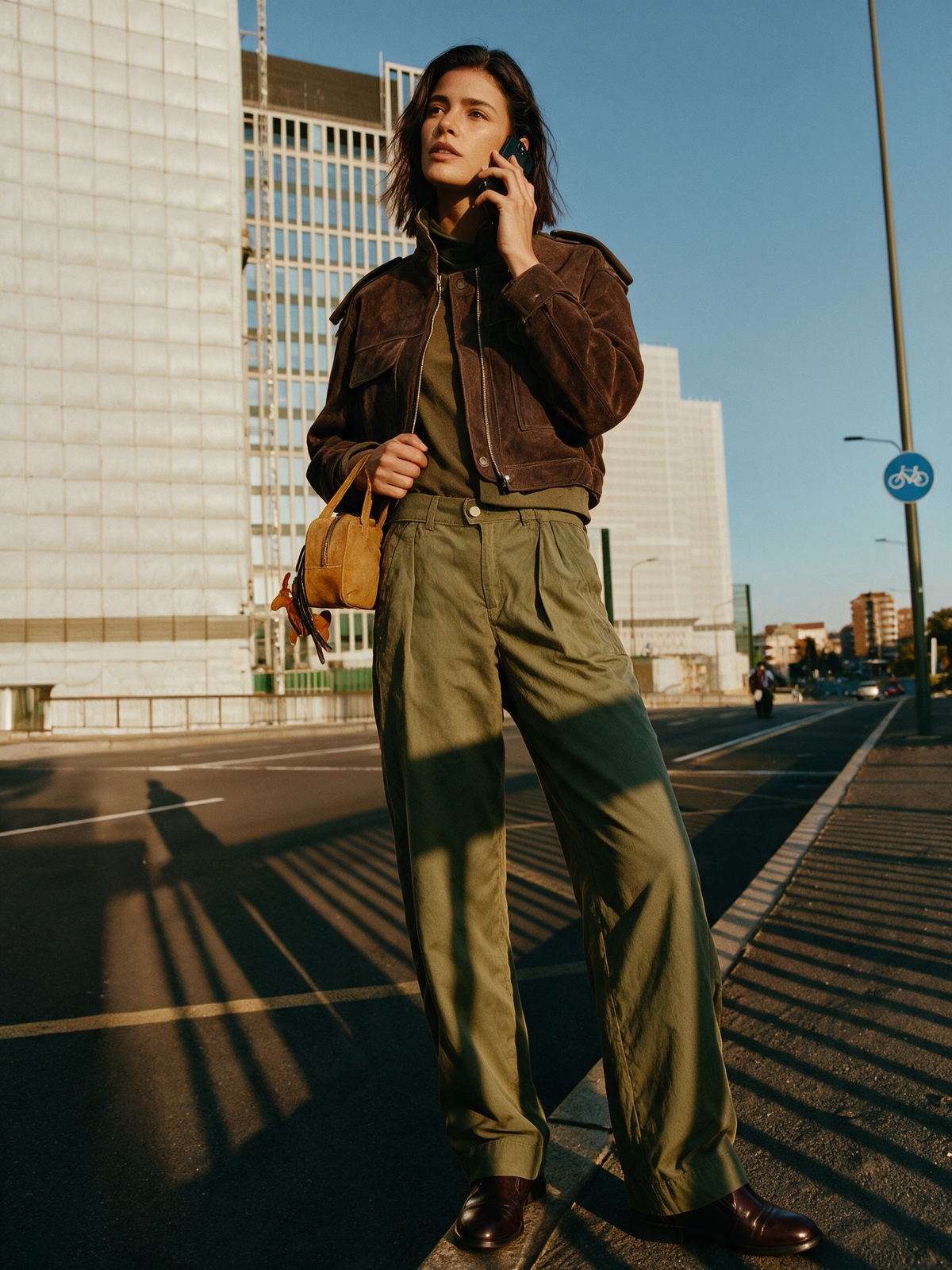 Women's Dark Brown Cropped Stand Collar Utility Suede Jacket