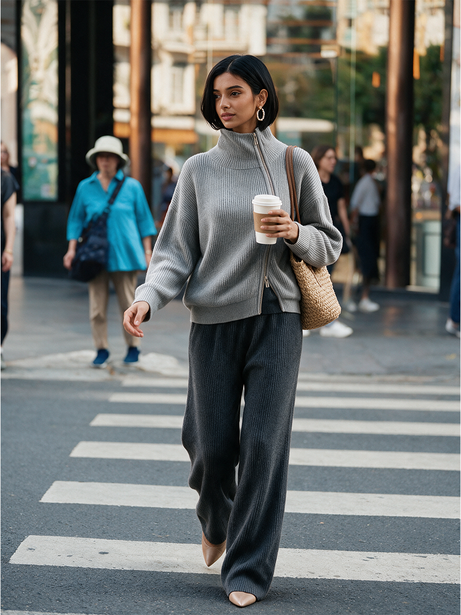 Women's Grey Diagonal‑Zip Funnel Neck Knit Sweater MDZ0365I7R