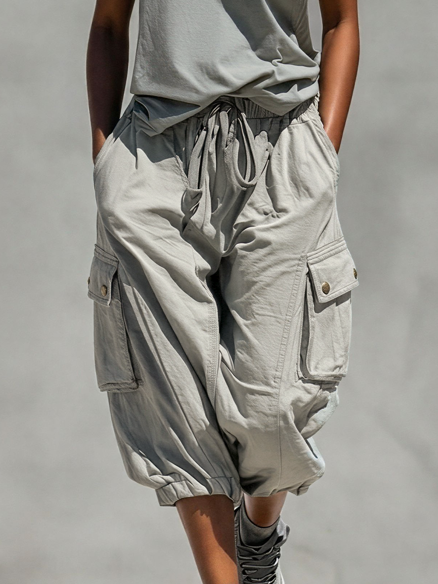 Women’s Grey Sleeveless Tank Top & Cargo Jogger Shorts Two-Piece Set MDZ0853E1T