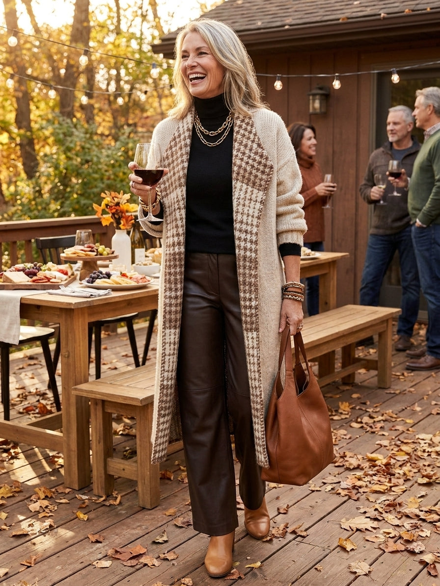 Women's Vintage Houndstooth Lapel Cardigan