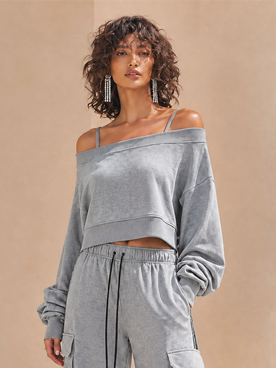 Women's Casual Off-Shoulder Cami Dropped-Shoulder Long-Sleeve Cropped Sweatshirt & Drawstring Cargo Wide-Leg Trouser Set MDZ2080H0CMX