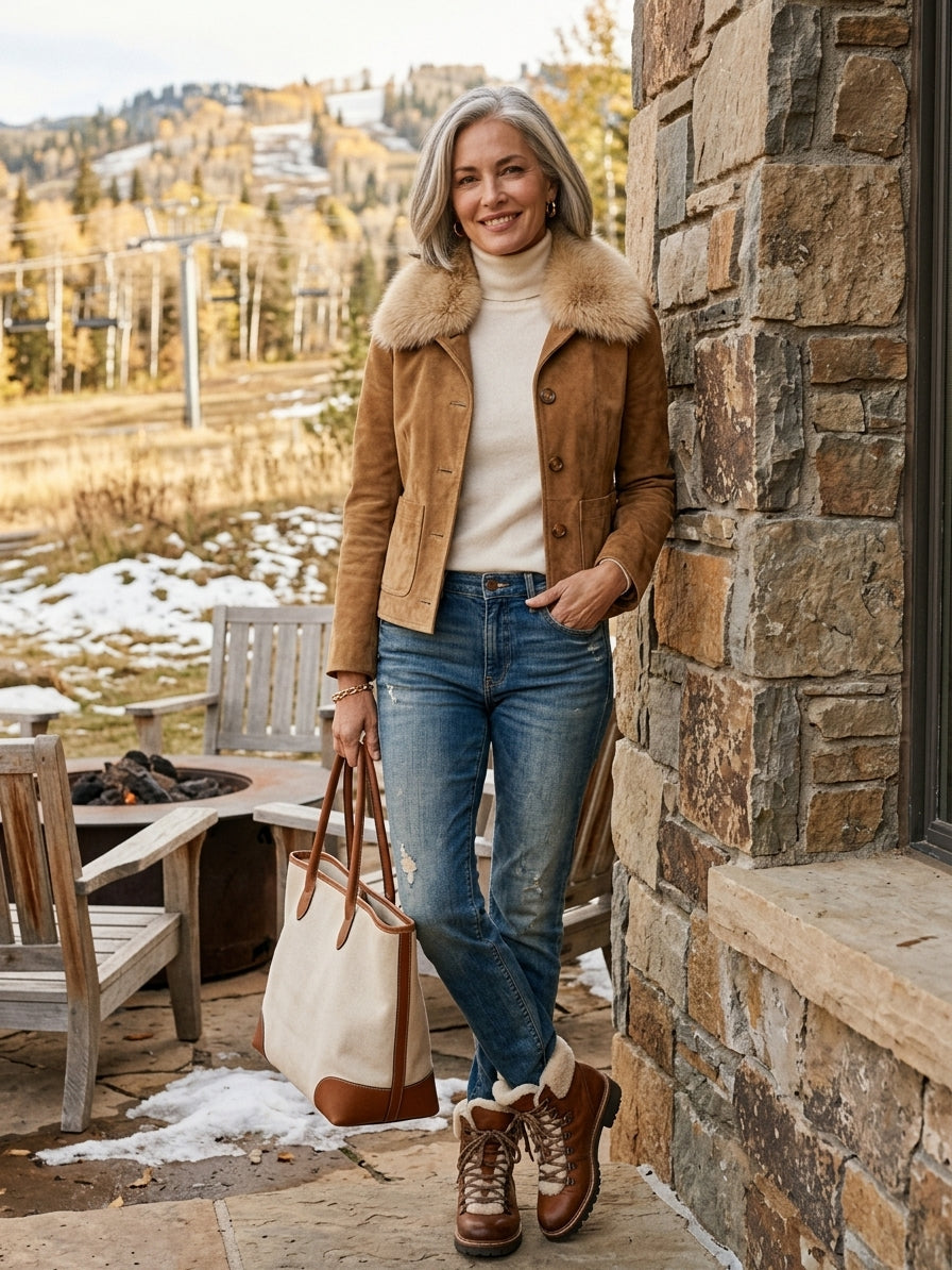 Women's Vintage-Style Suede Jacket (Detachable Fur Collar)