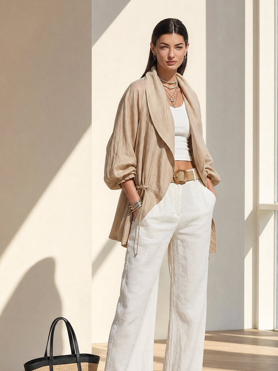 Women's Khaki Tencel Sheer Jacket With Lapel Collar Balloon Three Quarter Sleeves & Waist Drawstring, Minimalist Resort Lightweight Oversized Outerwear MDZ2240G0LYL
