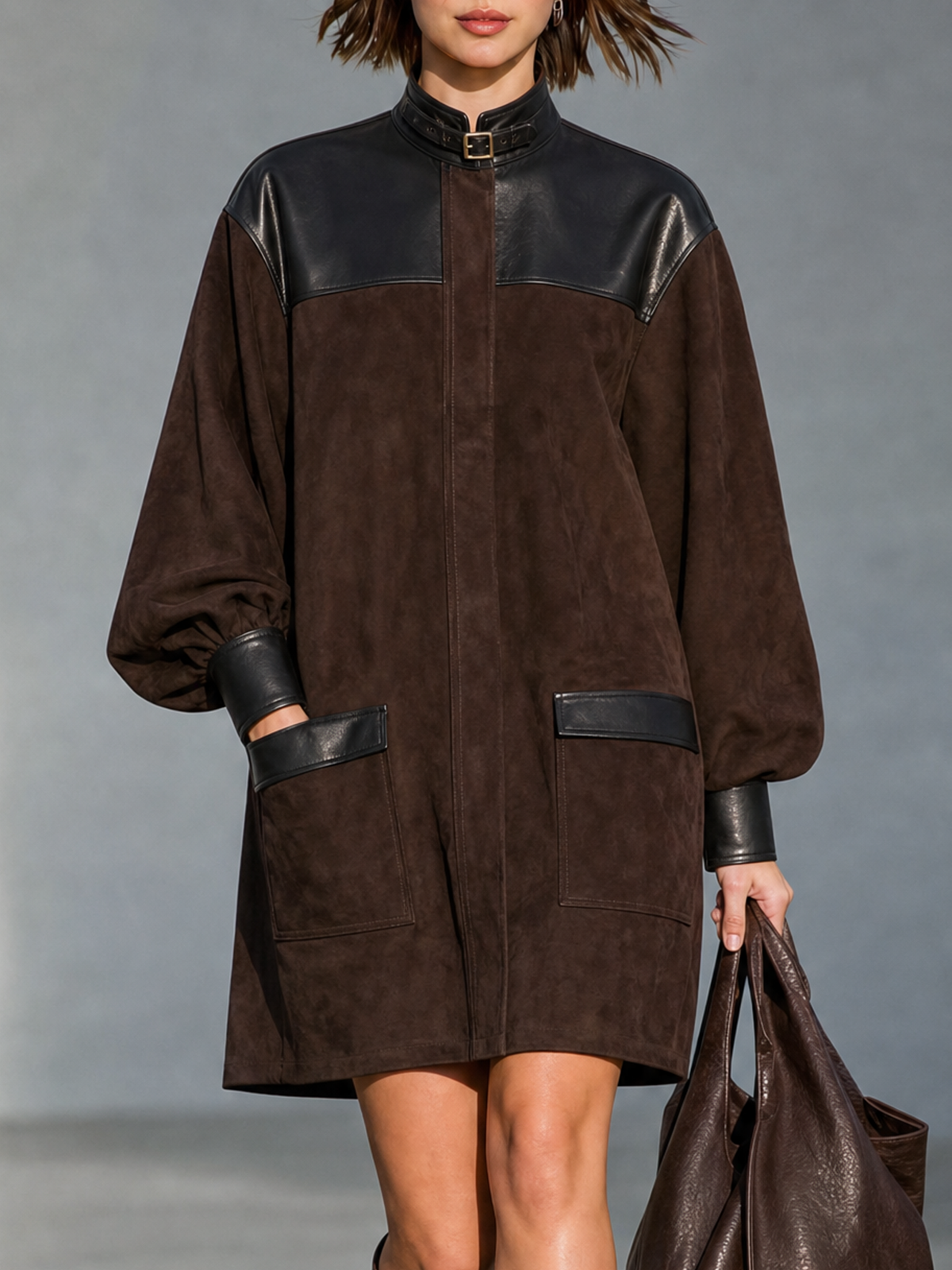 Women's Retro Faux Suede And PU Panel Zip-Front Mini Dress