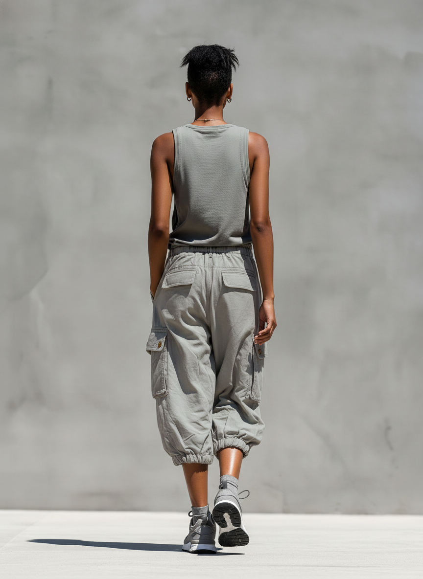 Women’s Grey Sleeveless Tank Top & Cargo Jogger Shorts Two-Piece Set MDZ0853E1T