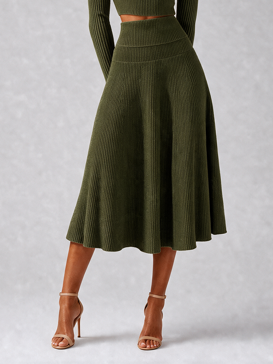 Women's Elegant Green Ribbed-Knit Off-Shoulder Crossover-Neck Long-Sleeve Cropped Top & High-Waisted A-Line Midi Skirt Set MDZ2462G3CMX