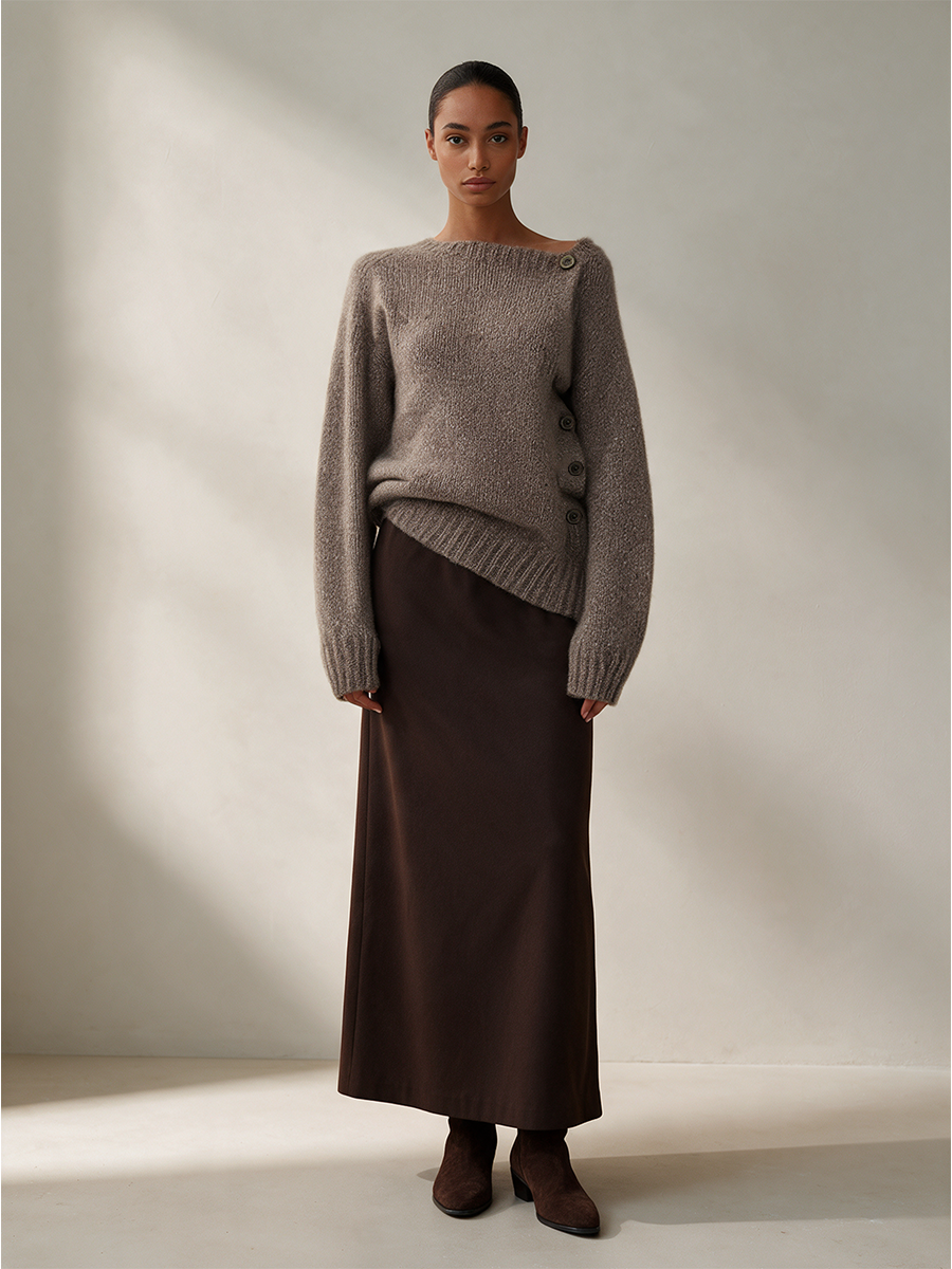 Women's Asymmetric Off-Shoulder Side Button Oversized Knit Sweater & Dark Brown Maxi Skirt Set