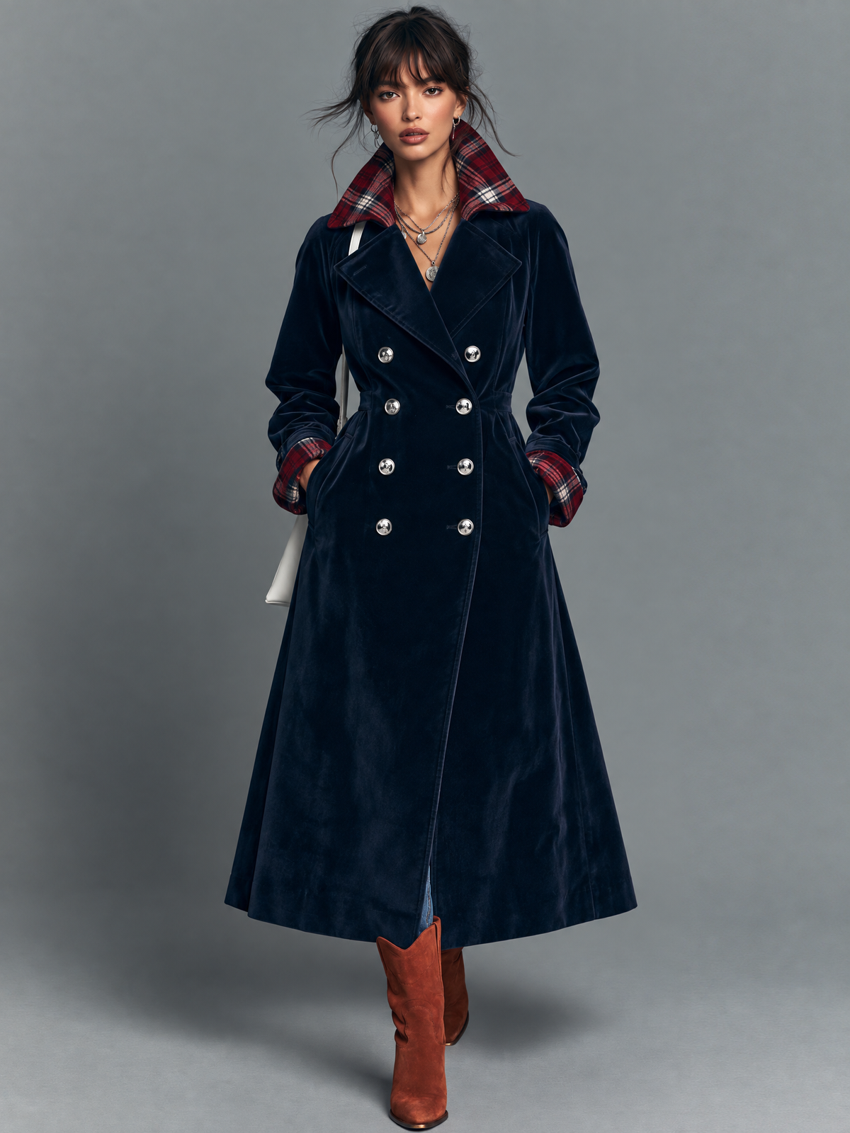 Women's Double-Breasted Coat With Vintage Velvet Paneling And Plaid Lining