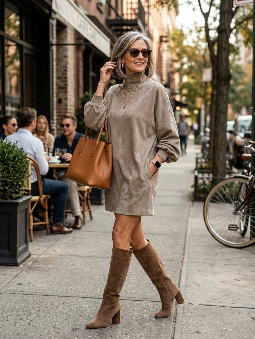 Women's Minimalist Loose-fitting Faux Suede High-neck Mini Dress MDA2423K1Y