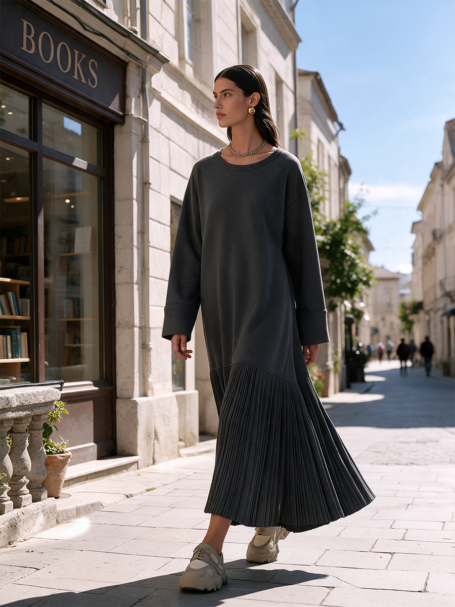 Women's Dark-Grey Round-Neck Drop-Shoulder Pleated-Hem Sweatshirt Maxi Dress