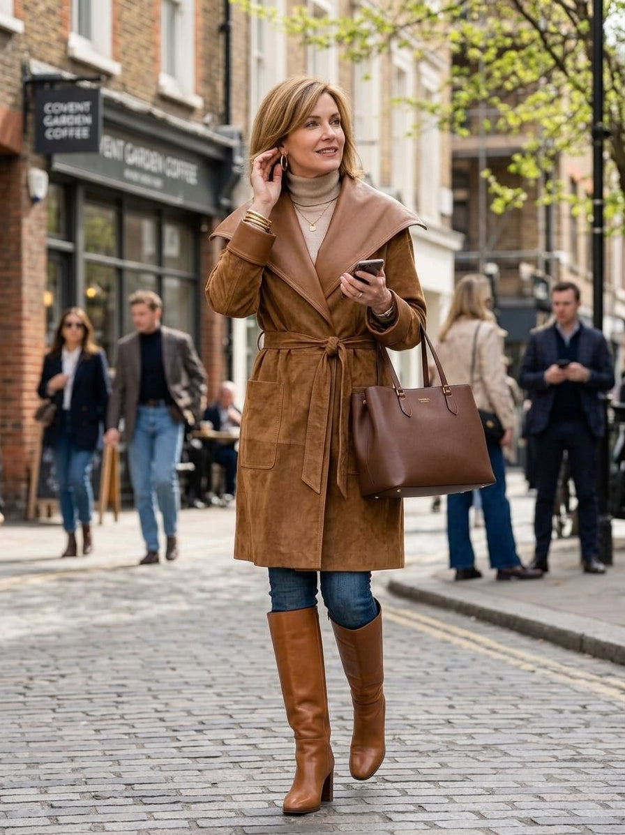 Women's Vintage-style Suede Coat With Leather-look Lapel And Paneling