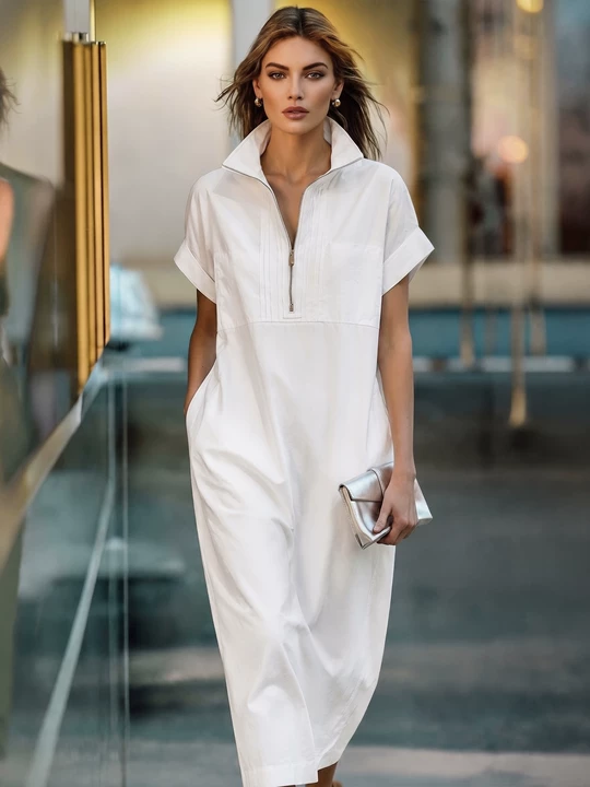 Women's White 100% Cotton Maxi Shirt Dress With Half-Zip Collar & Rolled Sleeves, Timeless Casual Everyday Dress MDZ0779E4LYL