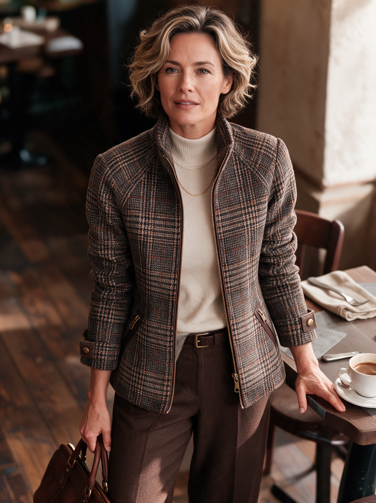 Women's Vintage Plaid Wool-Blend Zip-Up Jacket With Stand Collar