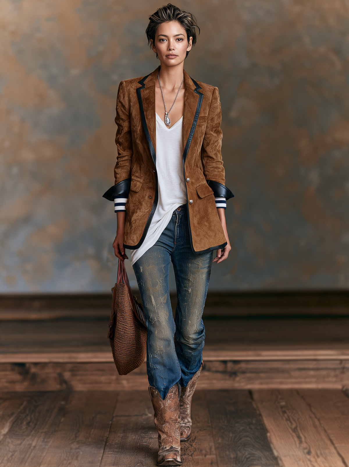 Women's Vintage-style Faux Suede Blazer With Red Leather Trim MDZ2570H7WY