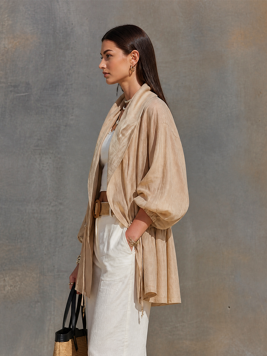 Women's Khaki Tencel Sheer Jacket With Lapel Collar Balloon Three Quarter Sleeves & Waist Drawstring, Minimalist Resort Lightweight Oversized Outerwear MDZ2240G0LYL