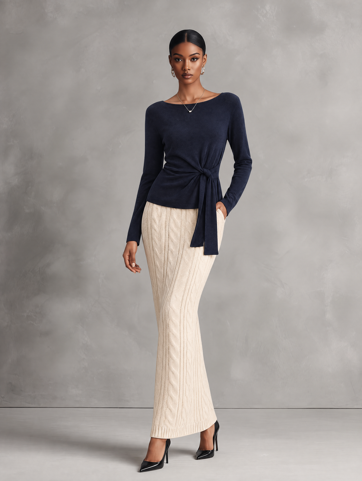 Women's Casual Navy Blue Stretch Knit Long-Sleeve Base Layer Top