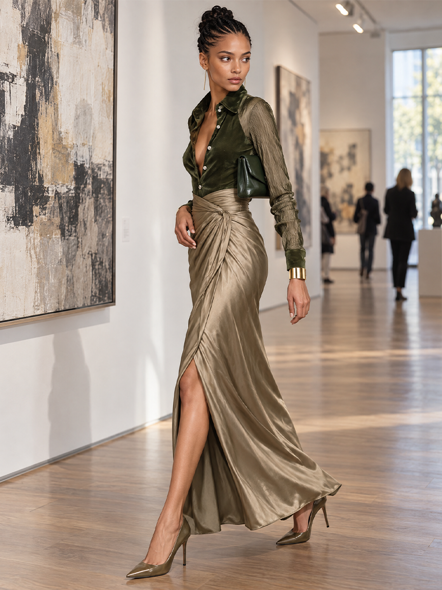 Women's Velvet Shirt Bodice Satin Wrap Maxi Evening Dress