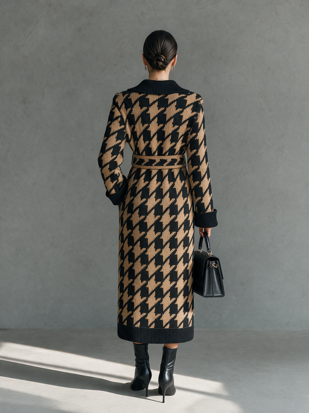 Women's Vintage Houndstooth Jacquard Double-Breasted Belted Cardigan