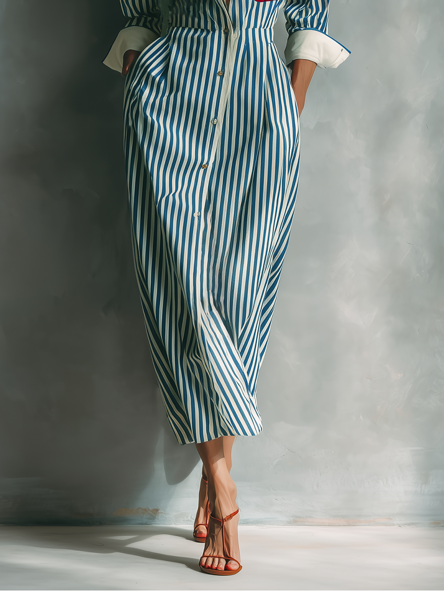 Women's Blue And White Cotton Striped Shirt Dress With Red Chest Pocket MDZ1286C2T