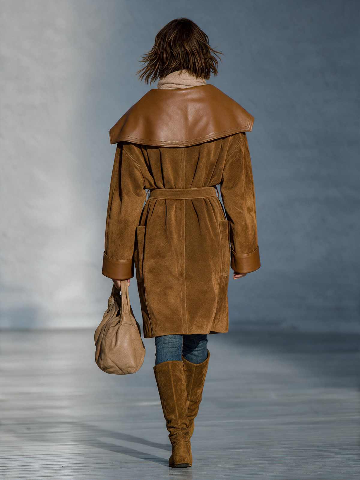 Women's Vintage-style Suede Coat With Leather-look Lapel And Paneling