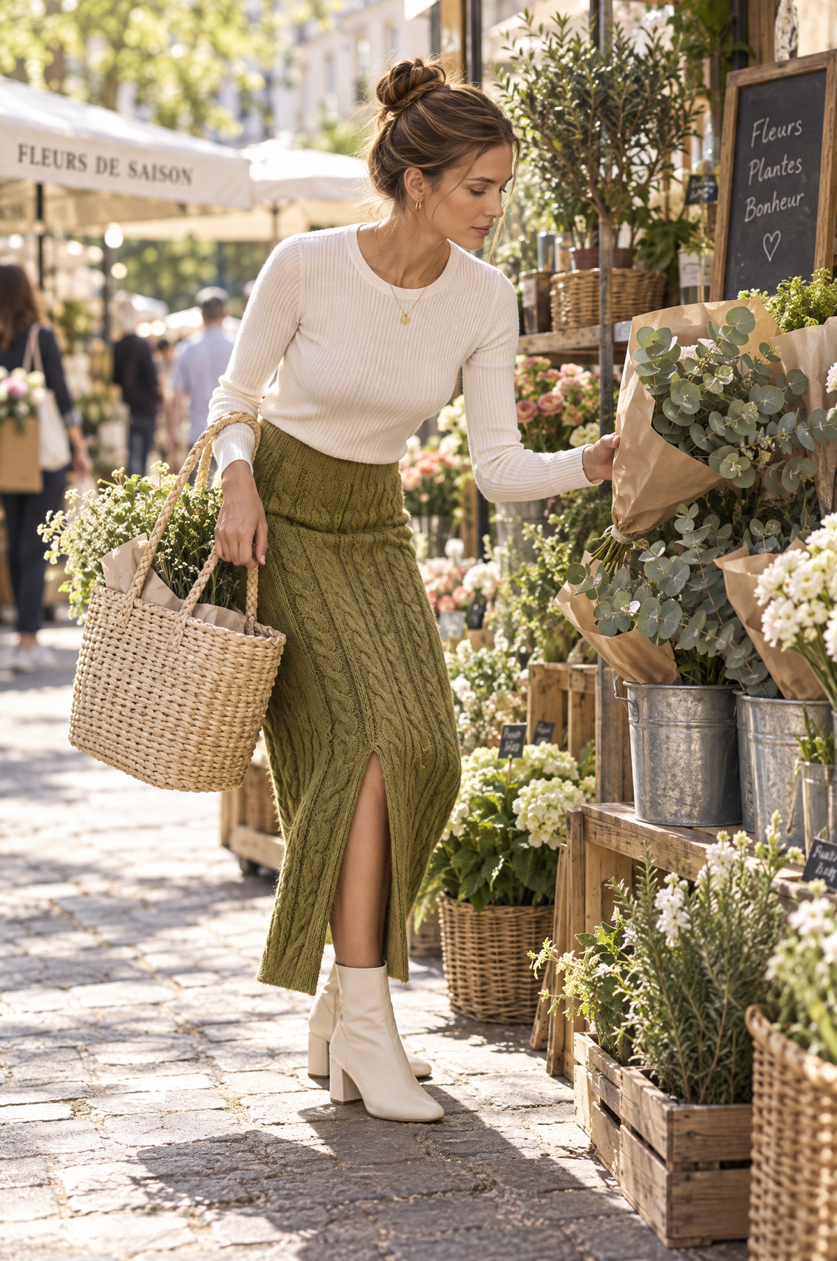 Women's Cable Knit Olive Green Midi Skirt