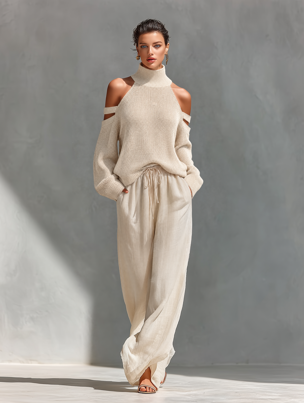 Women's Beige Knit Fabric Cold-Shoulder Turtleneck Top & Wide-Leg Pants Set MDZ0984A5T