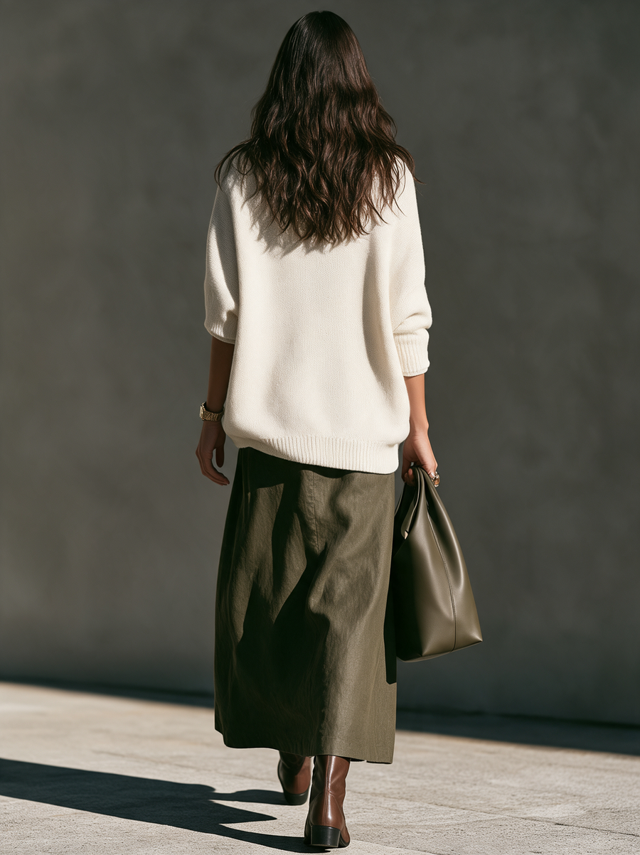 Women's Casual Beige Long-sleeve Turtleneck Knit Sweater