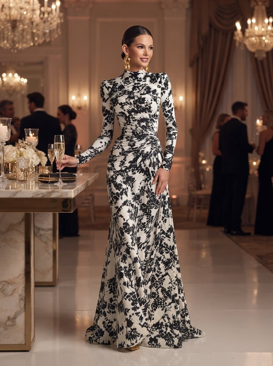 Women's Black And White Patterned Stretch Blend Wrap Dress MDA1295K1AP