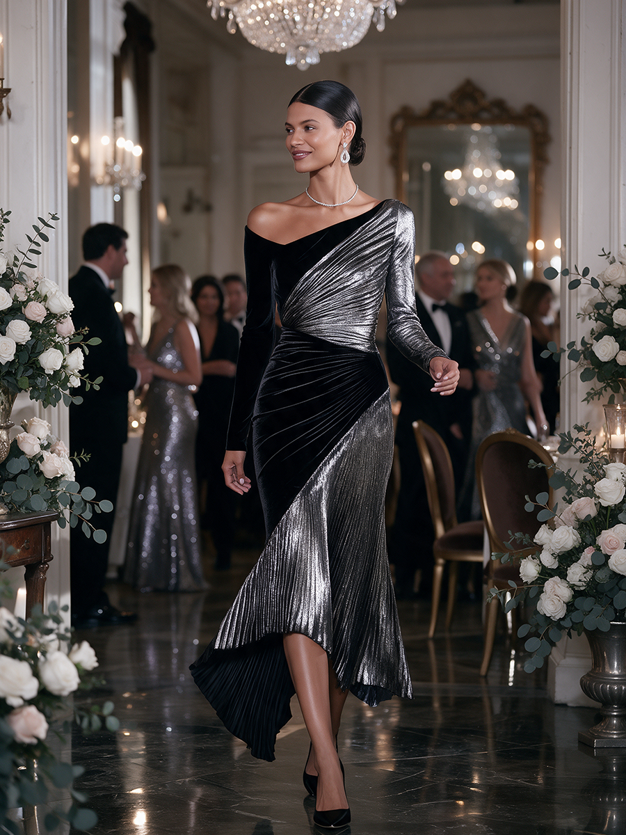Women's Black-and-Silver Contrast Asymmetric One-Shoulder Long-Sleeve Velvet-and-Metallic-Plissé Mermaid Maxi Dress