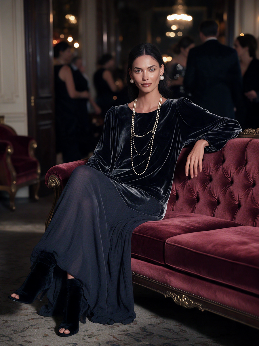 Women's Black Round-Neck Blouson-Sleeve Velvet-and-Chiffon Asymmetric Full-Skirt Maxi Dress