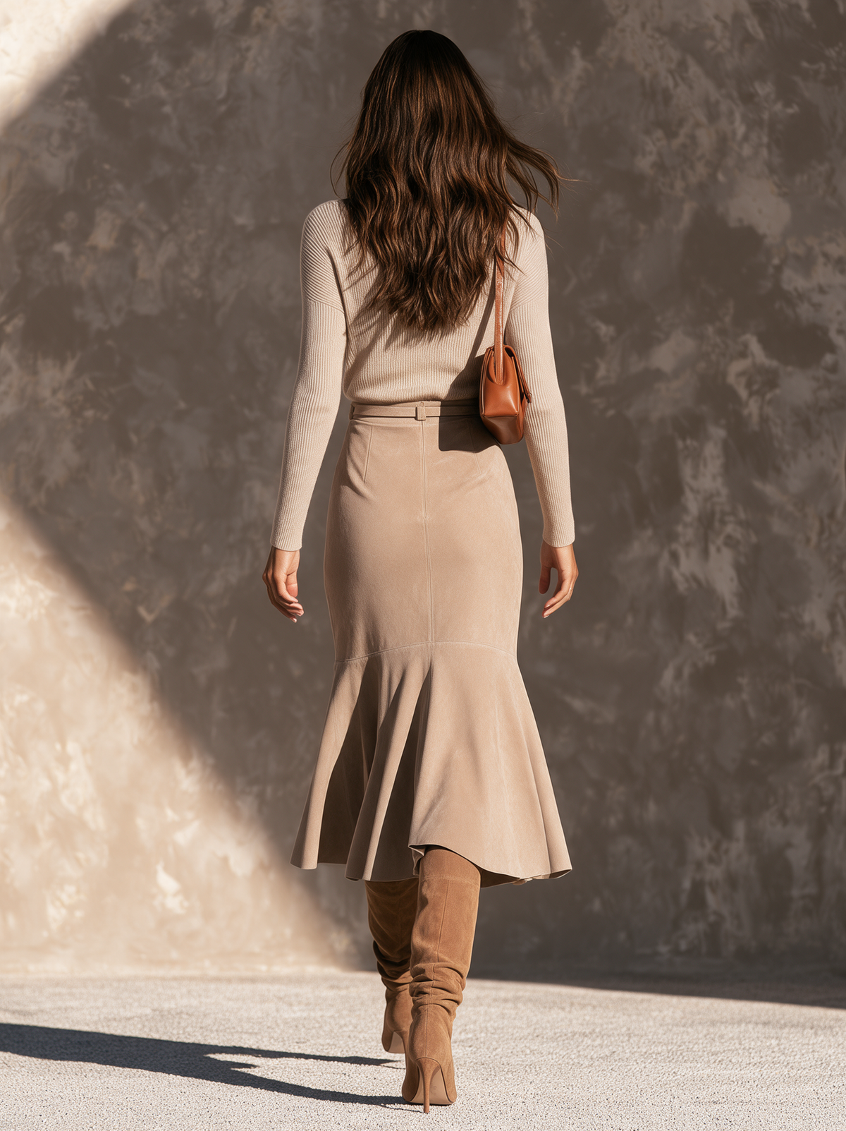 Women's Casual Beige Knit Top And Khaki Suede Skirt Set