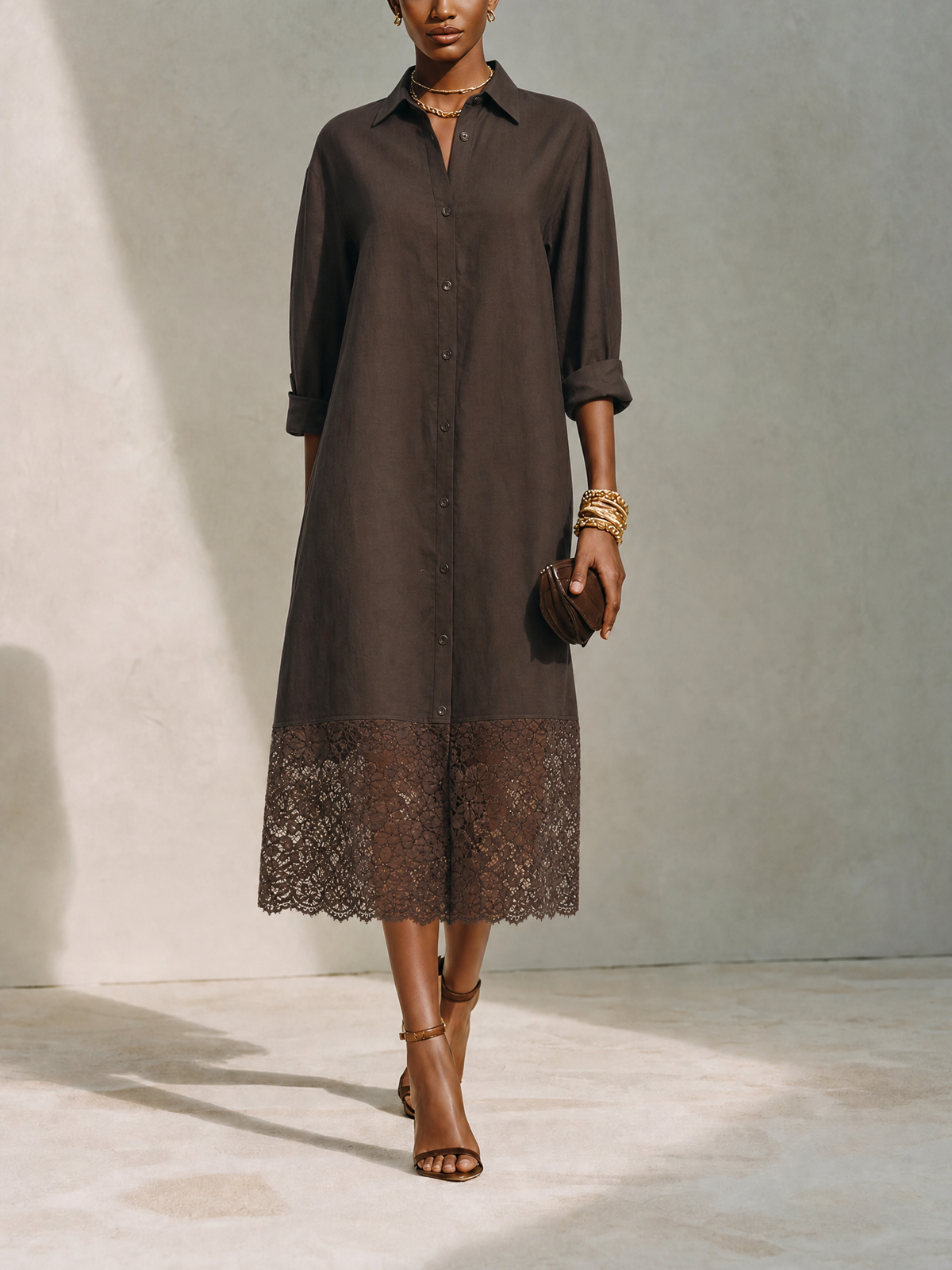 Women's Minimalist Solid Brown Linen & Lace-Panel Midi Shirt Dress MDZ0684G8ZRK
