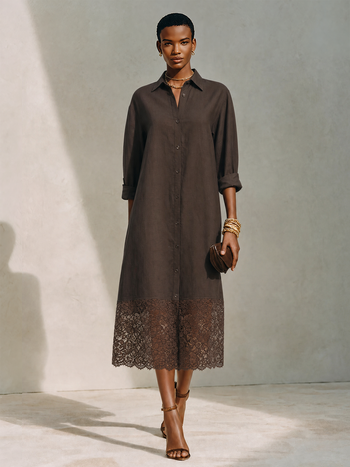 Women's Minimalist Solid Brown Linen & Lace-Panel Midi Shirt Dress MDZ0684G8ZRK