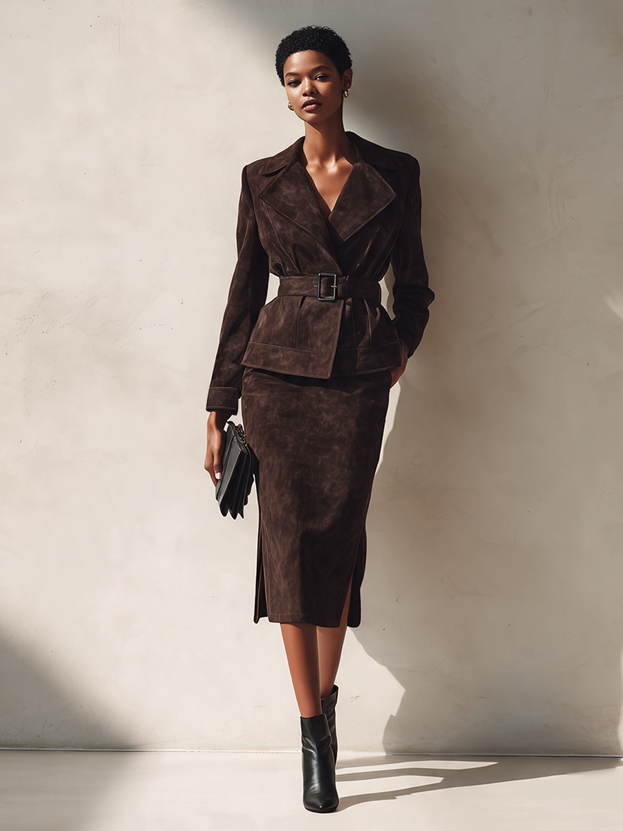 Women's Elegant Faux Suede Skirt Set With Lapel Jacket And Belt MDZ0433I5ZRK