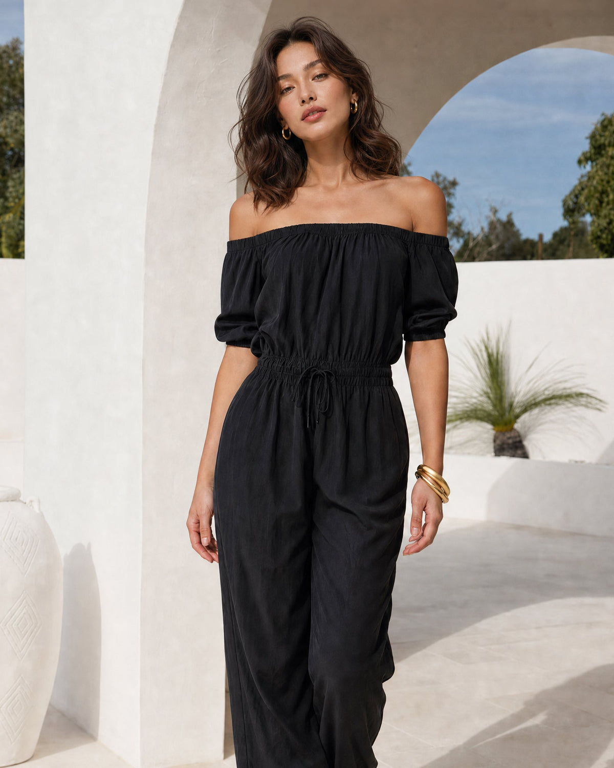 Women's Casual Black Woven Off-Shoulder Sleeveless Jumpsuit MDZ1751F1LXY